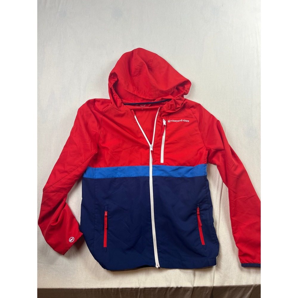Vineyard Vines Performance Boys Large Red Blue Colorblock Hooded Windbreaker
